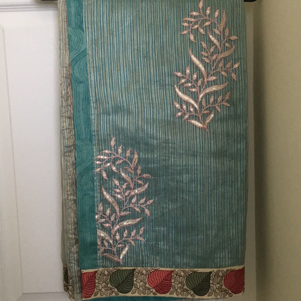 Turquoise Sequin and stitch work saree